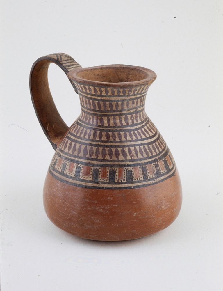 polychrome jar with handle, geometric design in red, brown, and cream, red ceramic, Peruvian(Nazca), 200 BC-1000 AD cat.…