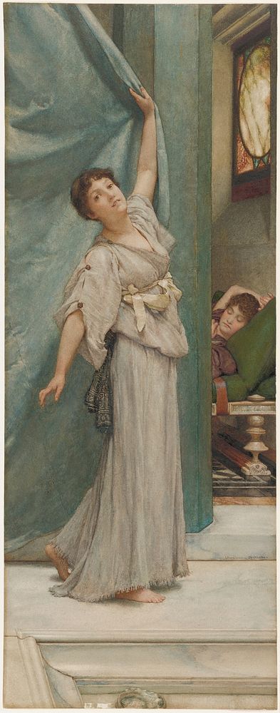 woman closing curtain with sleeping woman in backgound on R. Original from the Minneapolis Institute of Art.