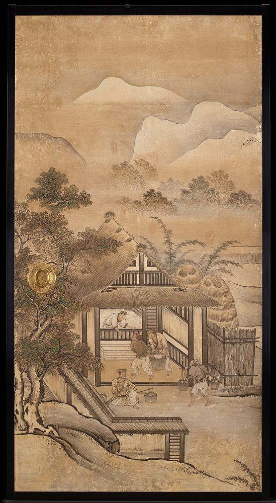 Unsigned; from the Saga Palace, Kyoto; figures inside a building, mountains in background. Original from the Minneapolis…
