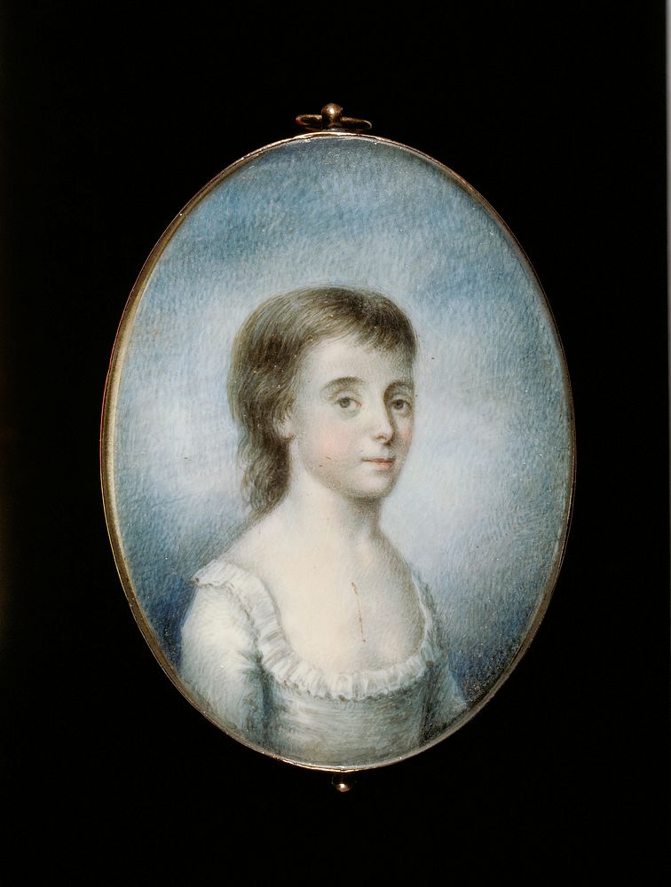 Portrait miniature. Painting is in a convex oval frame; there is a lock of the sitter's hair braided and mounted on the back…