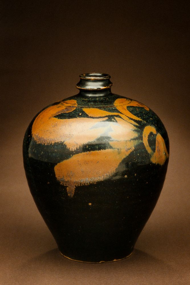 Honan Jar, stoneware; black with splashed-brown glaze. Original from the Minneapolis Institute of Art.