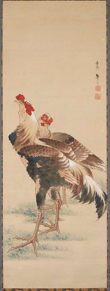 Central image of two standing roosters; central panel bordered by brown & gold colored floral patterned section; blue…
