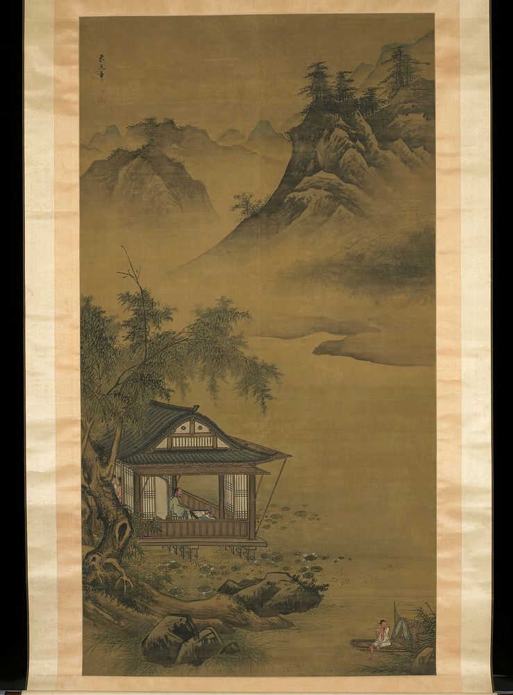 Fisherman riding on a boat and playing a flute at lower right corner; three people inside a building just below center at…