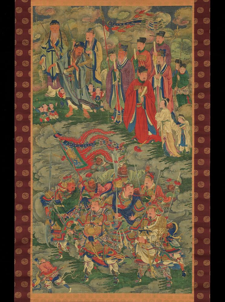 Group of elaborately dressed men with flowing draperies clustered around a man with a large red flag at bottom; procession…