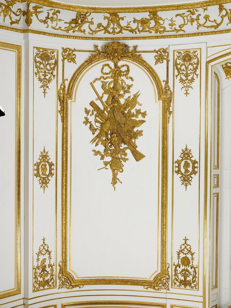 painted and giltwood, plaster, marble and iron. Original from the Minneapolis Institute of Art.