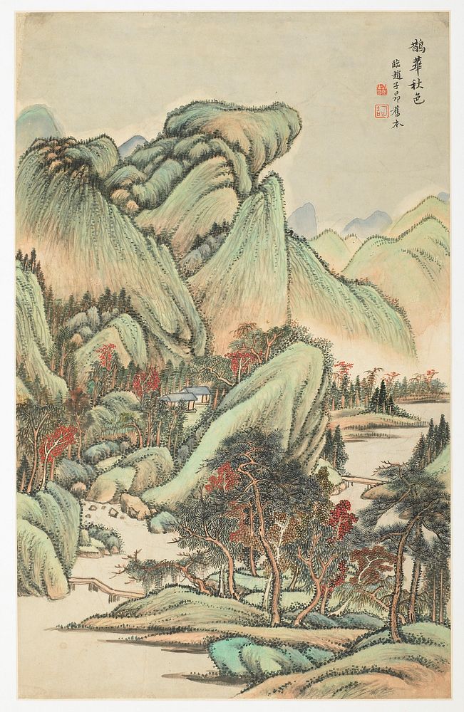 Green mountains; red-leafed trees; buildings center. Original from the Minneapolis Institute of Art.