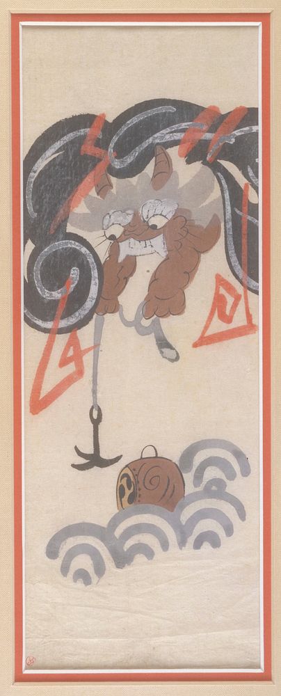 Horned demon emerging from black clouds with white and red streaks (lightning), extending a hook on a rope down to a barrel…