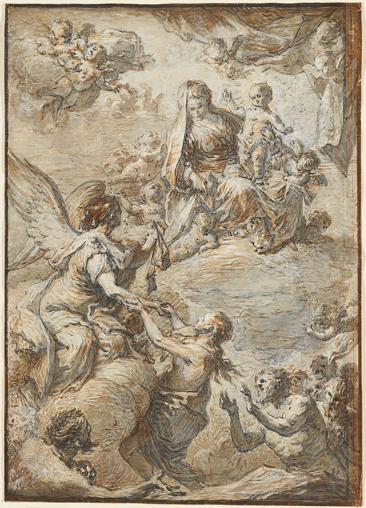 Mary seated on a cloud accompanied by many cherubs; cherubs in sky in ULC and drawing back a cloth in URC; angel at left…