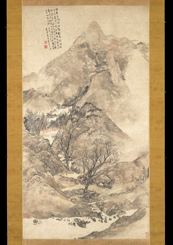 mountainous landscape with scattered trees; red buildings at L and LRC; two small figures inside a building in LLQ, with…