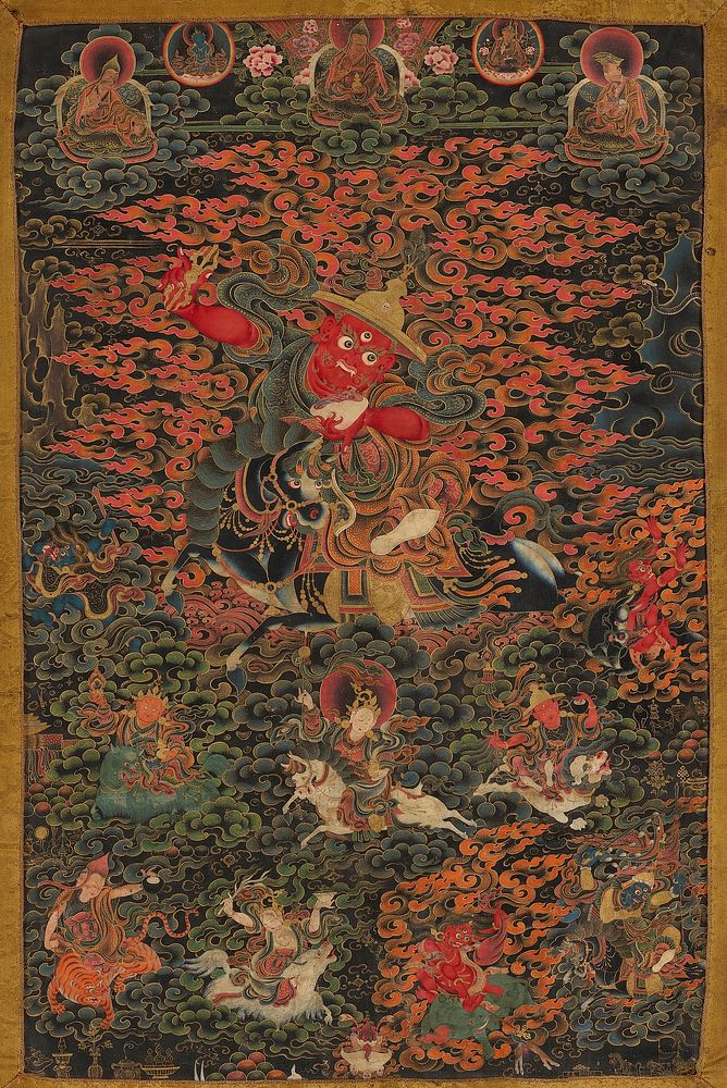 Figure with red skin wearing a gold hat, riding on a black horse; 4 figures floating on clouds at top; 8 small figures on…
