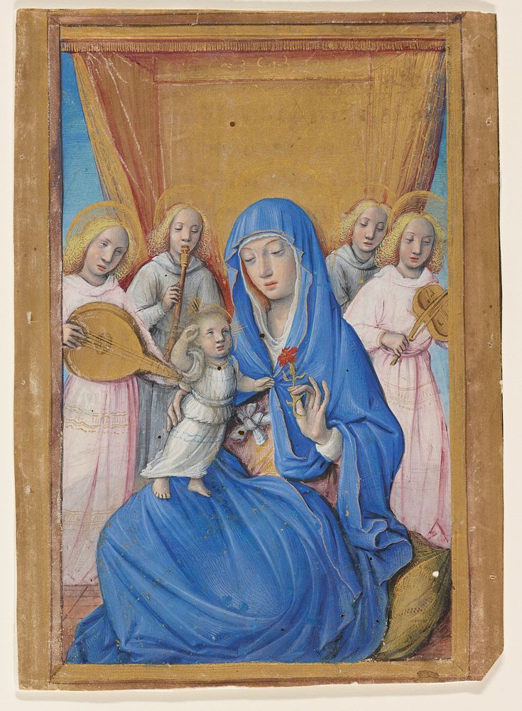 Virgin and child with child standing on her lap; she wears blue cloak with hood and hold red carnation; four haloed…