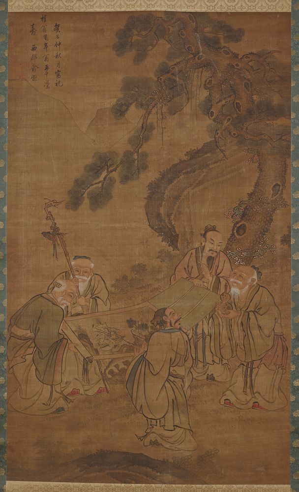 5 men unrolling and viewing a hanging scroll in an outdoor setting; man at R holds a small vessel. Original from the…