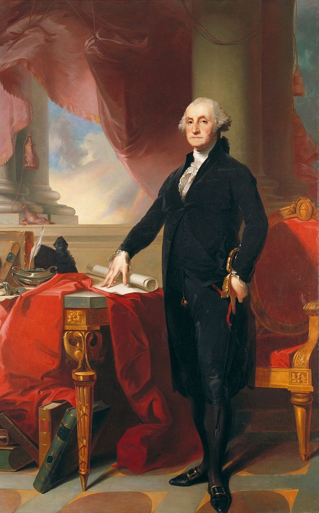 Portrait. George Washington in red drapery, black costume with white frills.. Original from the Minneapolis Institute of Art.