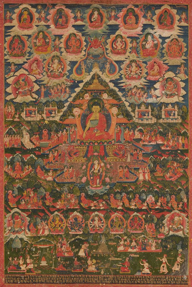 A thanka, pigments on fabric, wood; symmetrically arranged deities in the upper register; donor figures represented at the…