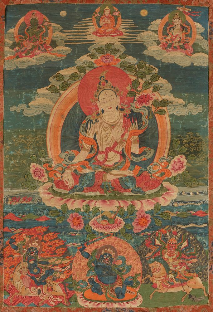 A thanka, pigments on fabric; Tara, goddess of mercy, holds in her left hand a lotus blossom; her right hand expresses…