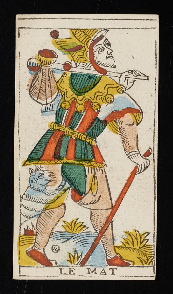 bearded man with back to viewer in a jester's cap; holds stick in one hand with cloth bundle hanging from the end and slung…