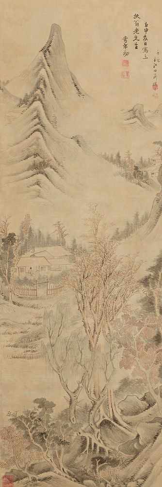 Large, densely painted landscape of bare trees, a scholar's retreat in a valley with piled-up layers of pointy mountain…