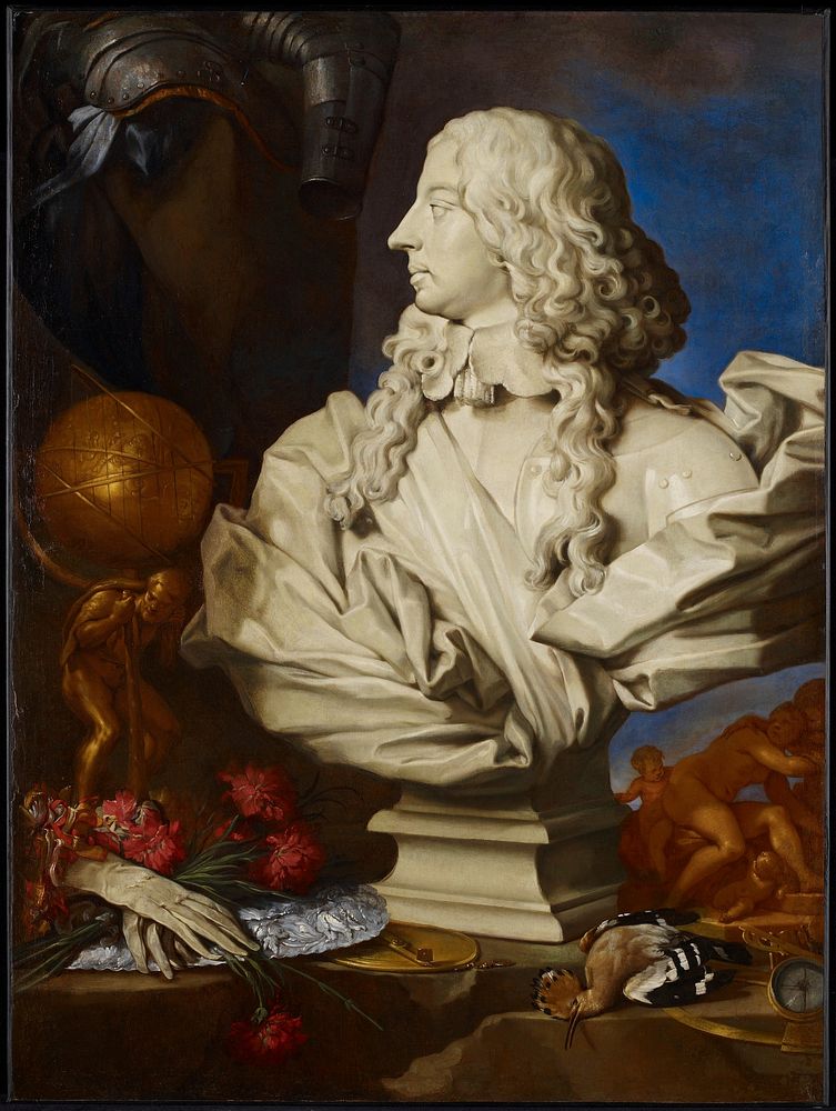 Still life showing bust of Francis I of Este with attributes armor, a globe, gloves, a silver platter, a bird and an…