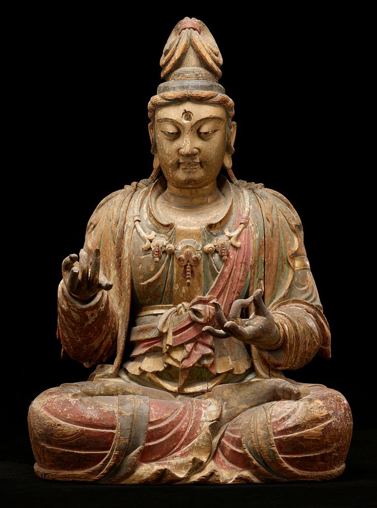 seated Buddha; gilt and red and blue paint. Original from the Minneapolis Institute of Art.