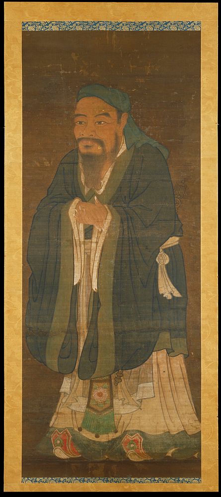 standing Confucius facing to his proper right, wearing a green coat; hands held together in front; long white fingernails;…