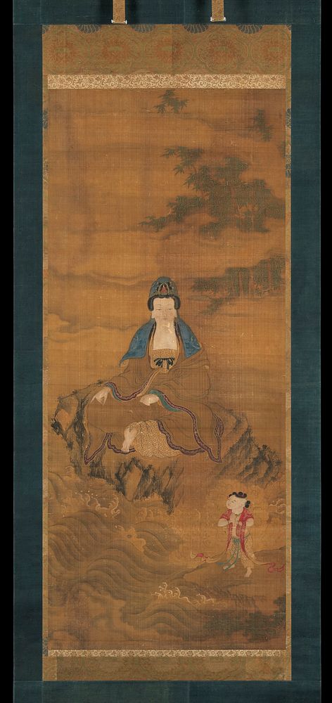large female figure seated on a mountain with crashing waves below; little boy at lower right corner on a small patch of…