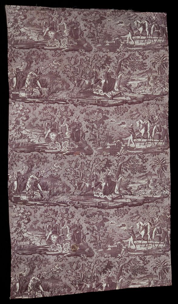 Toile, strip, printed in plum color with scenes of the Hunt La Chasse aux Perdrix, La Chasse au cerf, La Chasse aus canards…