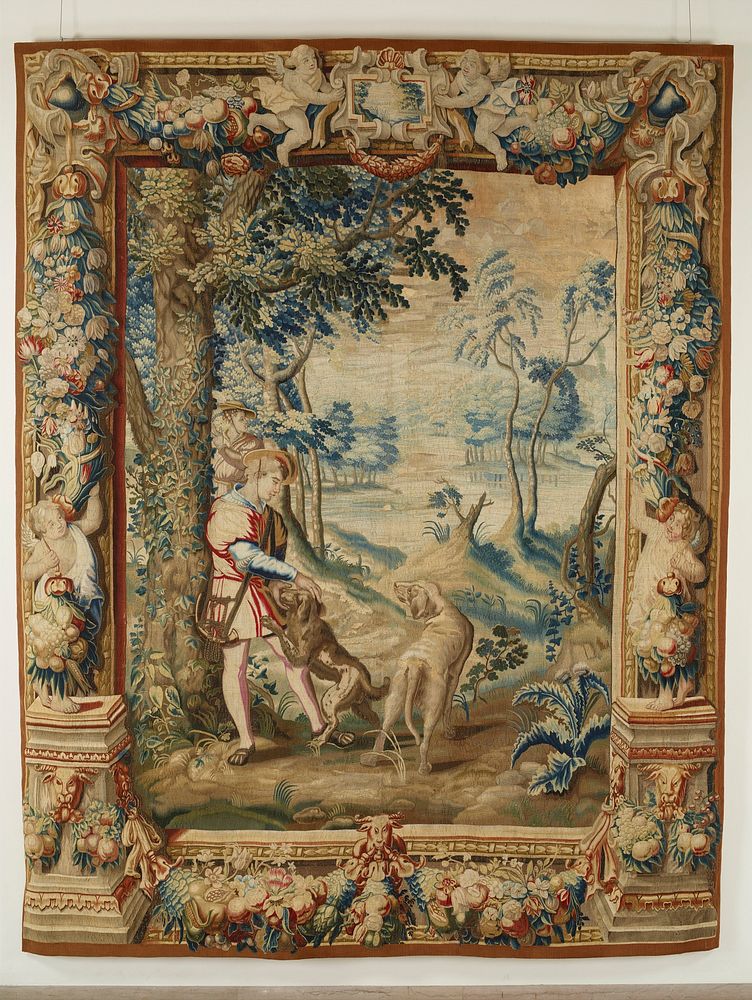 Set of four tapestries, with landscape scenes and figures inspired from the Hunts of Maximilian, now in the Louvre and woven…