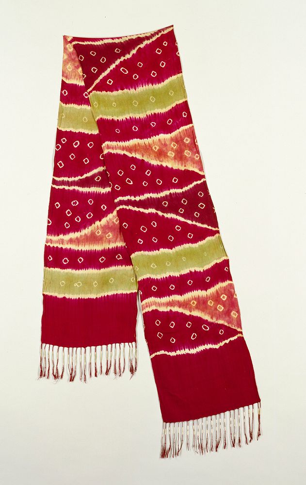 tie dyed scarf; purple, light purple, green and white designs. Original from the Minneapolis Institute of Art.