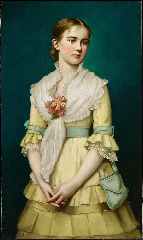 three-quarter length portrait of a young blonde girl in a yellow dress with blue ribbon trim; pink flowers at bust; holding…