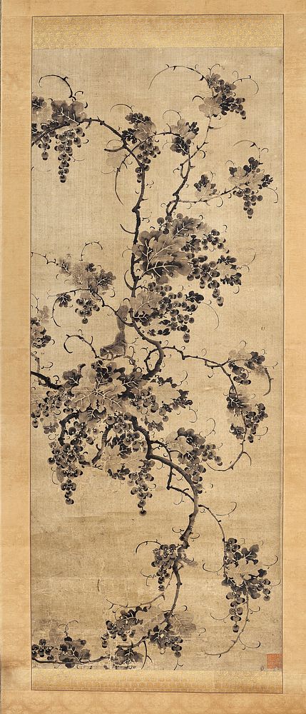 Grapevine with abundant grape clusters, tendrils, and scattered leaves; three small squirrels climbing the vine. Original…