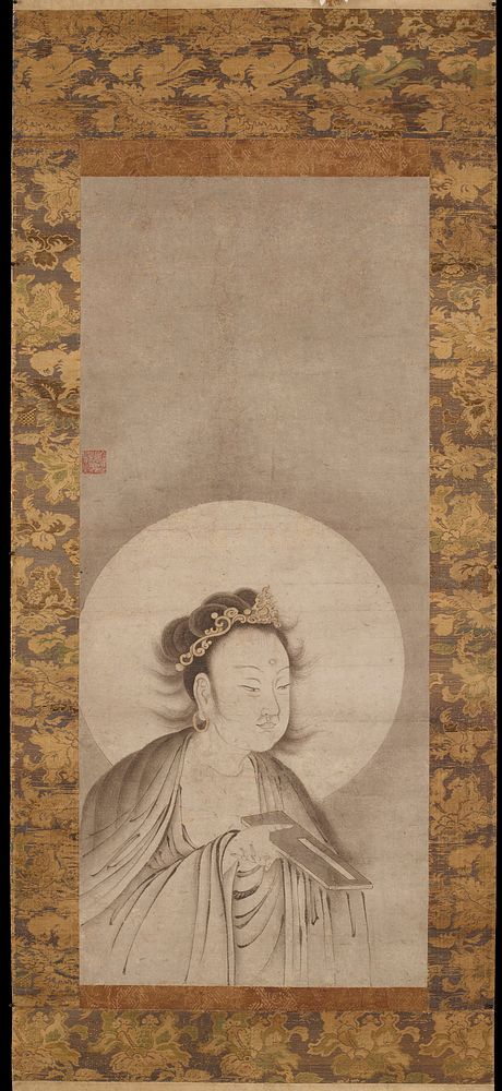 Figure in 3/4 profile with crown, and hair tied up with many wisps coming loose, looking toward R; figure holds a book out…