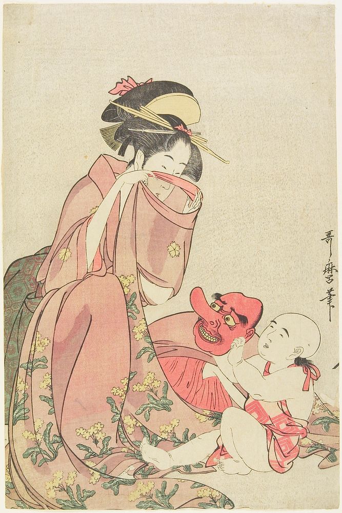 Woman Playing with a Child with a Tengu Mask. Original from the Minneapolis Institute of Art.