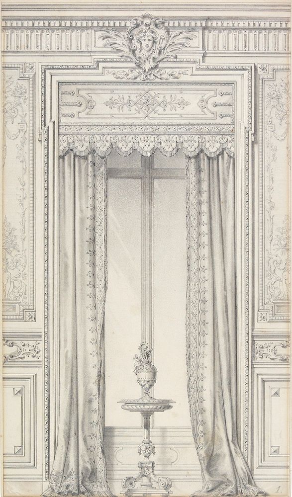 sketch of interior double doors, flanked by tasseled stools; wall decorations with female figures, urns, ribbons and swags…
