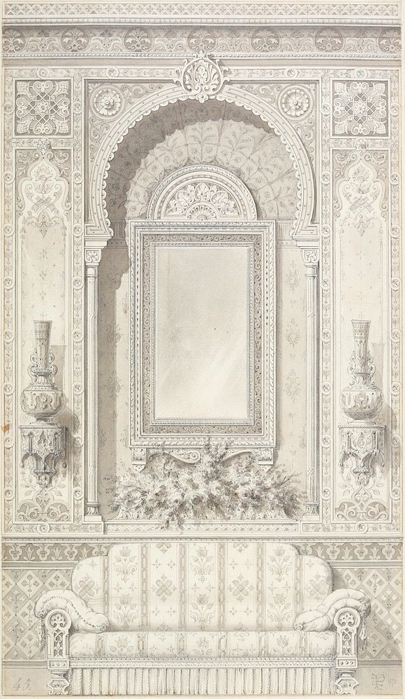 sketch of interior with window with long, open, fringed draperies; pedestal table with urn at center of window. Original…