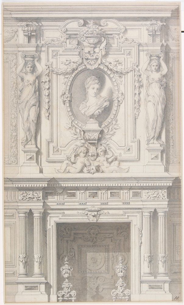 sketch of interior with sofa at lower center; wall niche with floral bouquet below; vases on wall pedestals flank niche.…