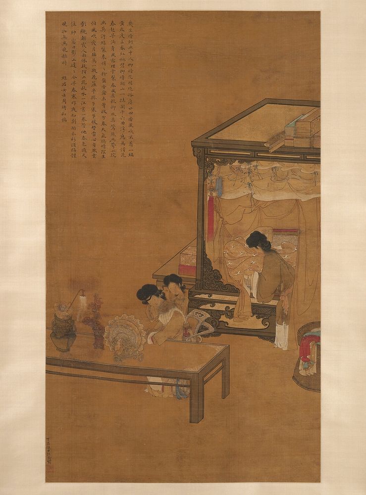 woman seated at a table with another woman behind her, arranging the seated woman's hair; third woman making a bed at right.…