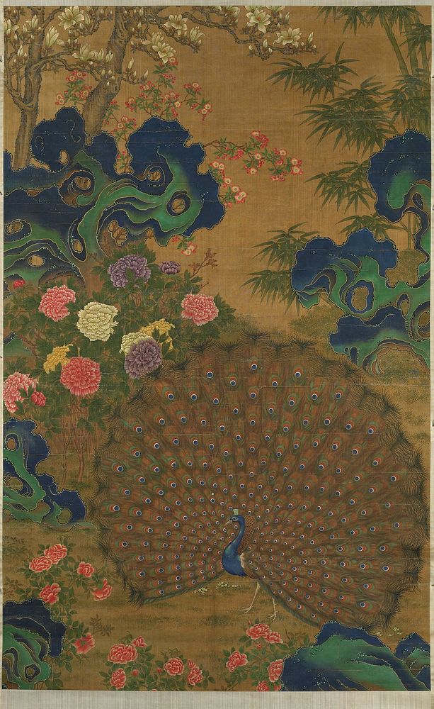 Peacock with tailfeathers extended; blue and green rocks in strange shapes; pink flowers on bottom; white, purple, yellow…