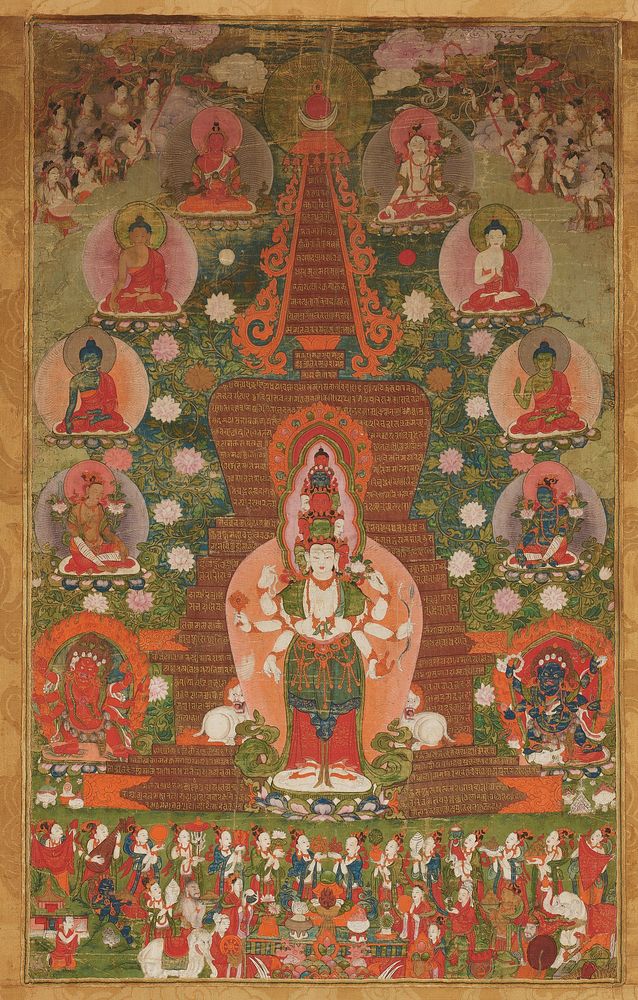 figure with 11 heads and 6 arms at center, flanked by 2 white dogs; 5 figures on lotus blossoms at each side; figures in…