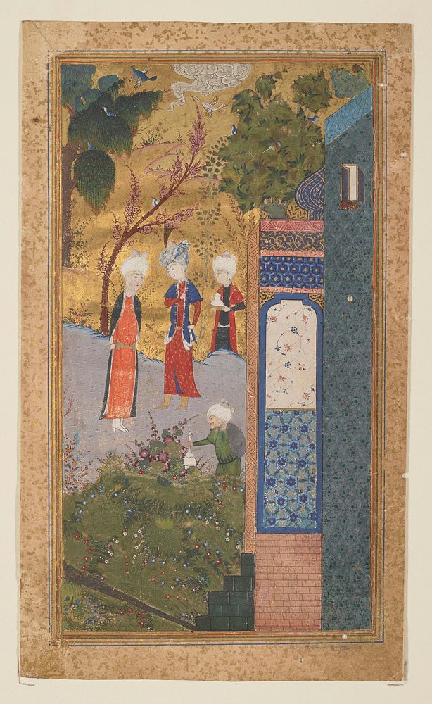 Garden Scene with two Princes and Attendants. The painting is based on the romantic epic poem 'Gal-Mul' by Sa'di. The…