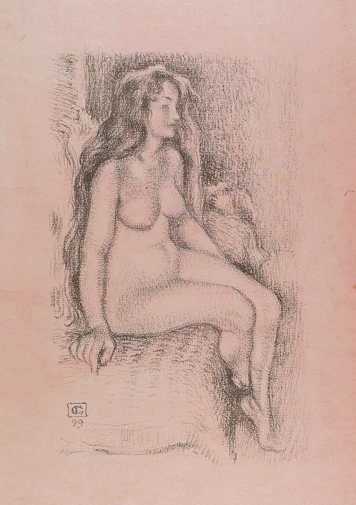 seated nude woman with long hair; ankles crossed; green ink on pink paper. Original from the Minneapolis Institute of Art.