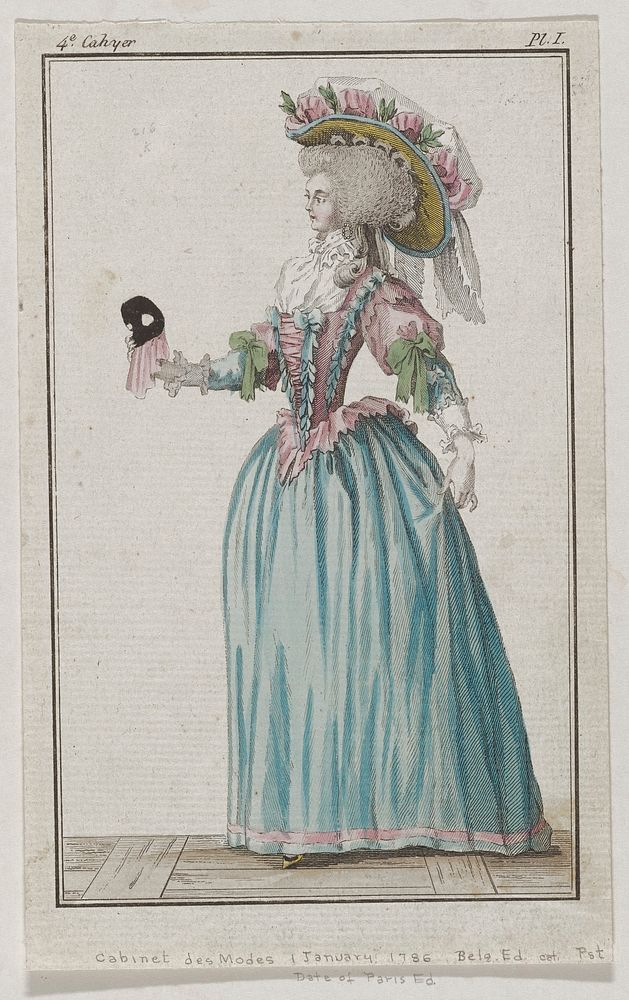 Woman in an elaborate blue, pink, and white hat and a frilly blue and pink gown decorated with blue and green ribbons…