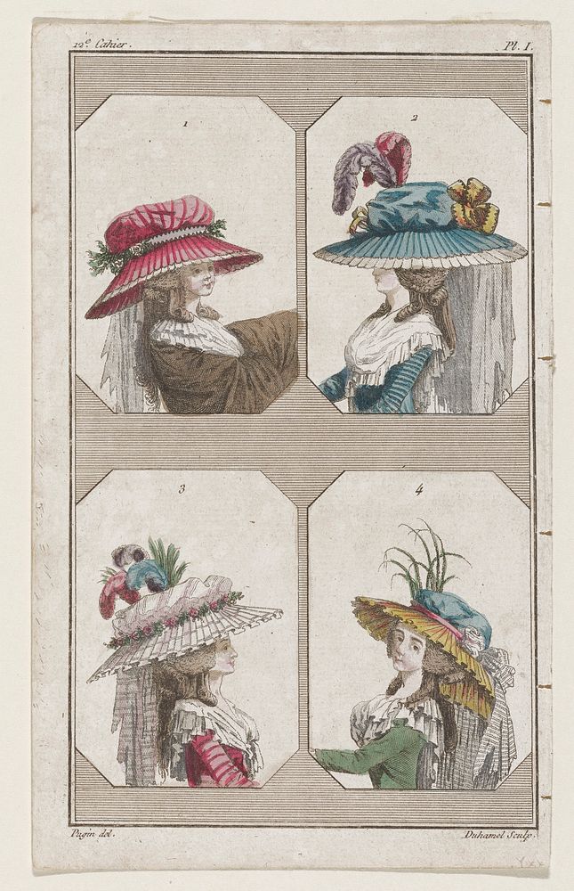 3/4 view of four women in four elaborate hats. Original from the Minneapolis Institute of Art.
