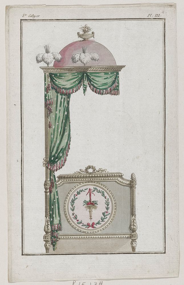 Parts of an elaborately carved and decorated canopy bed upolstered in green with a pink dome-like structure with white…