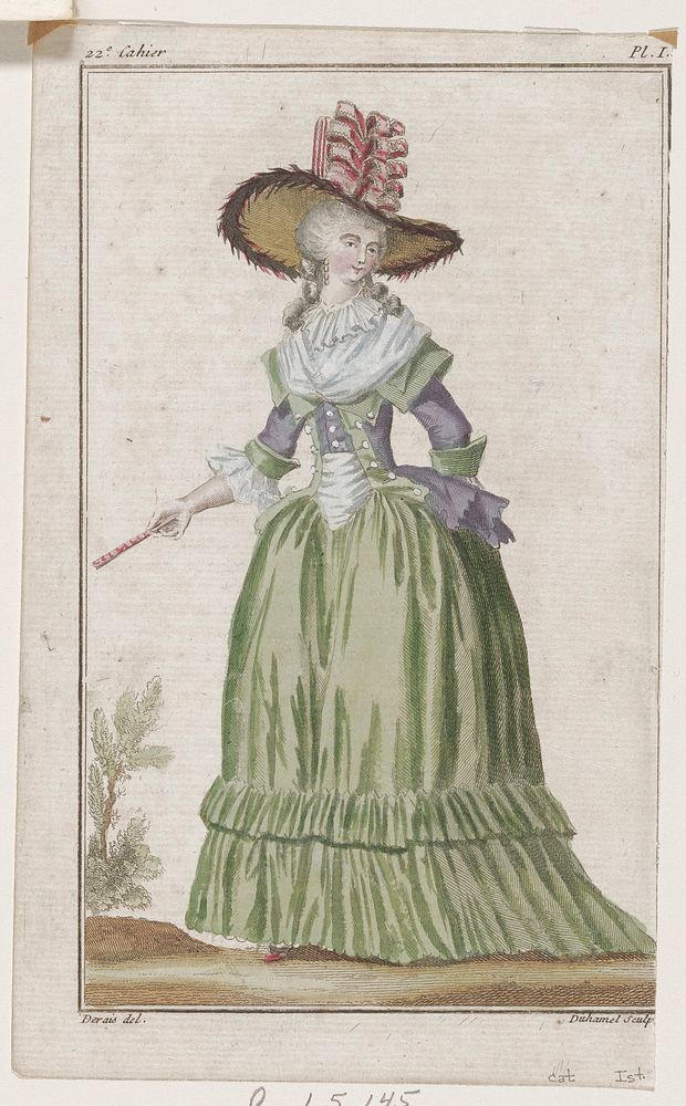 Woman in green and purple gown with a hat with pink bows. Original from the Minneapolis Institute of Art.