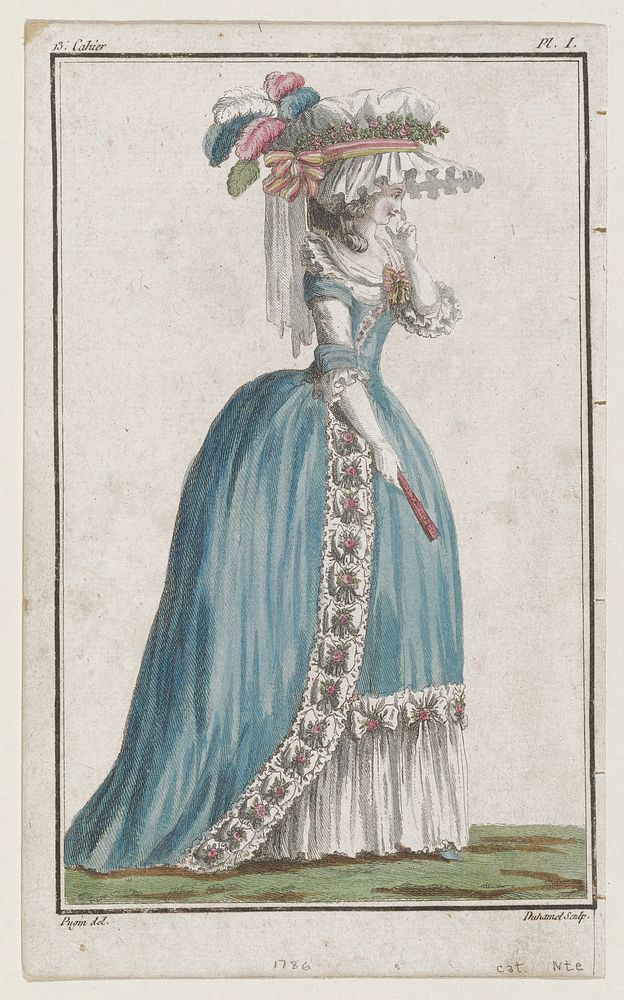 Woman holding a pink fan in a blue gown with trim of white bows with pink flowers and a white hat with pink flowers, a pink…