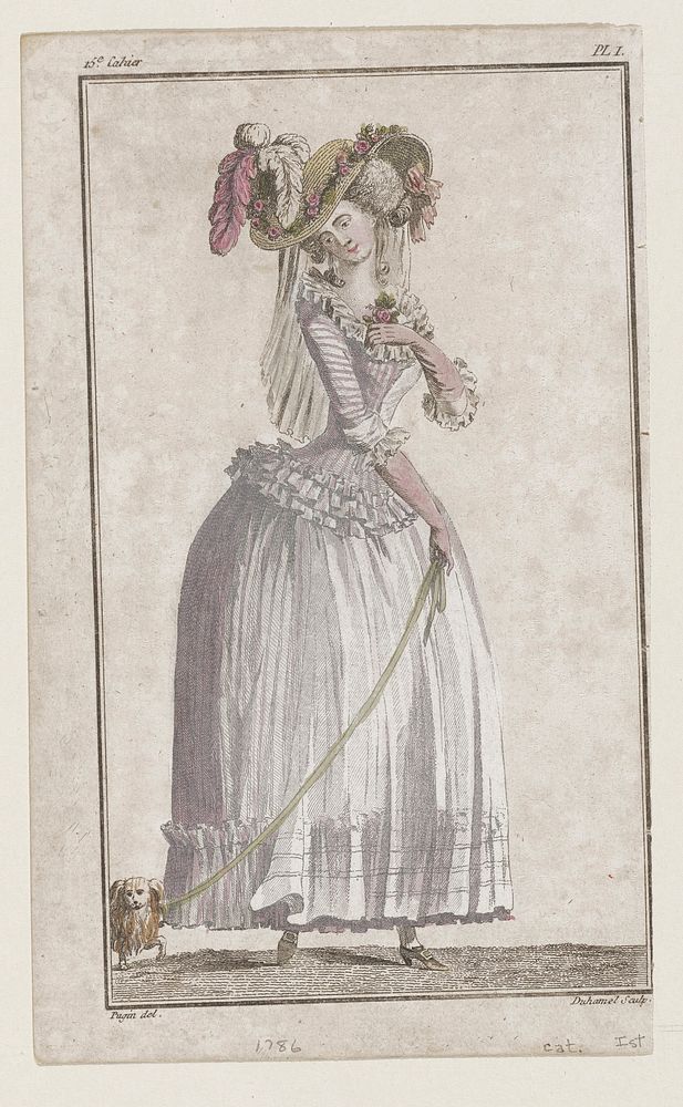 Woman in white gown with pink stripes, pink gloves, pink and white plumes on a yellow straw hat with pink flowers around the…