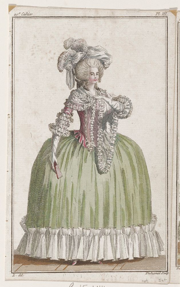 Woman in gown with green skirt with white ruffle at bottom, frilly pink top, white gloves, a pink fan, and a white hat with…