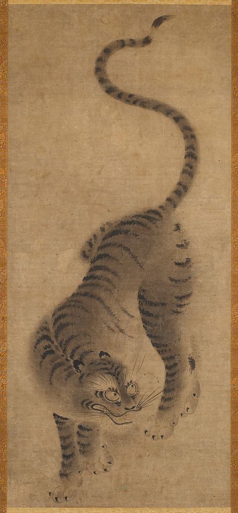 Standing tiger; open mouth; looking to proper left; bronze and pale green brocade border. Original from the Minneapolis…