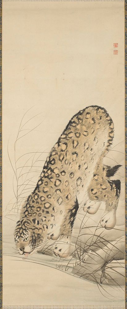 Leopard leaning down to drink from stream; blue and gold floral brocade border. Original from the Minneapolis Institute of…