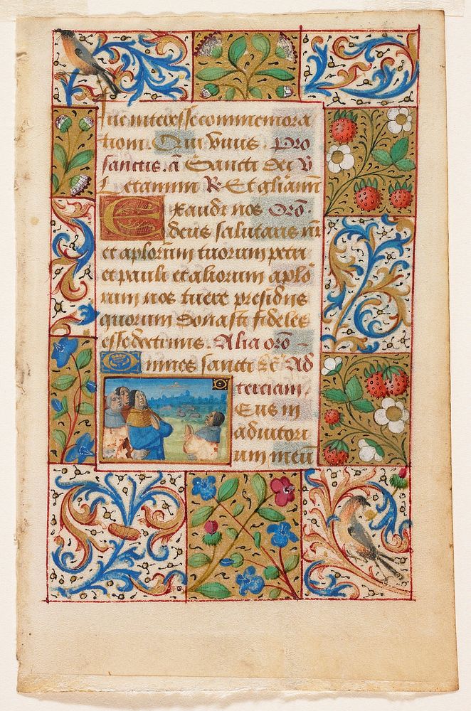 Double-sided; hand-illuminated with partially gilded backgrounds, a very small miniature, and borders with flowers…